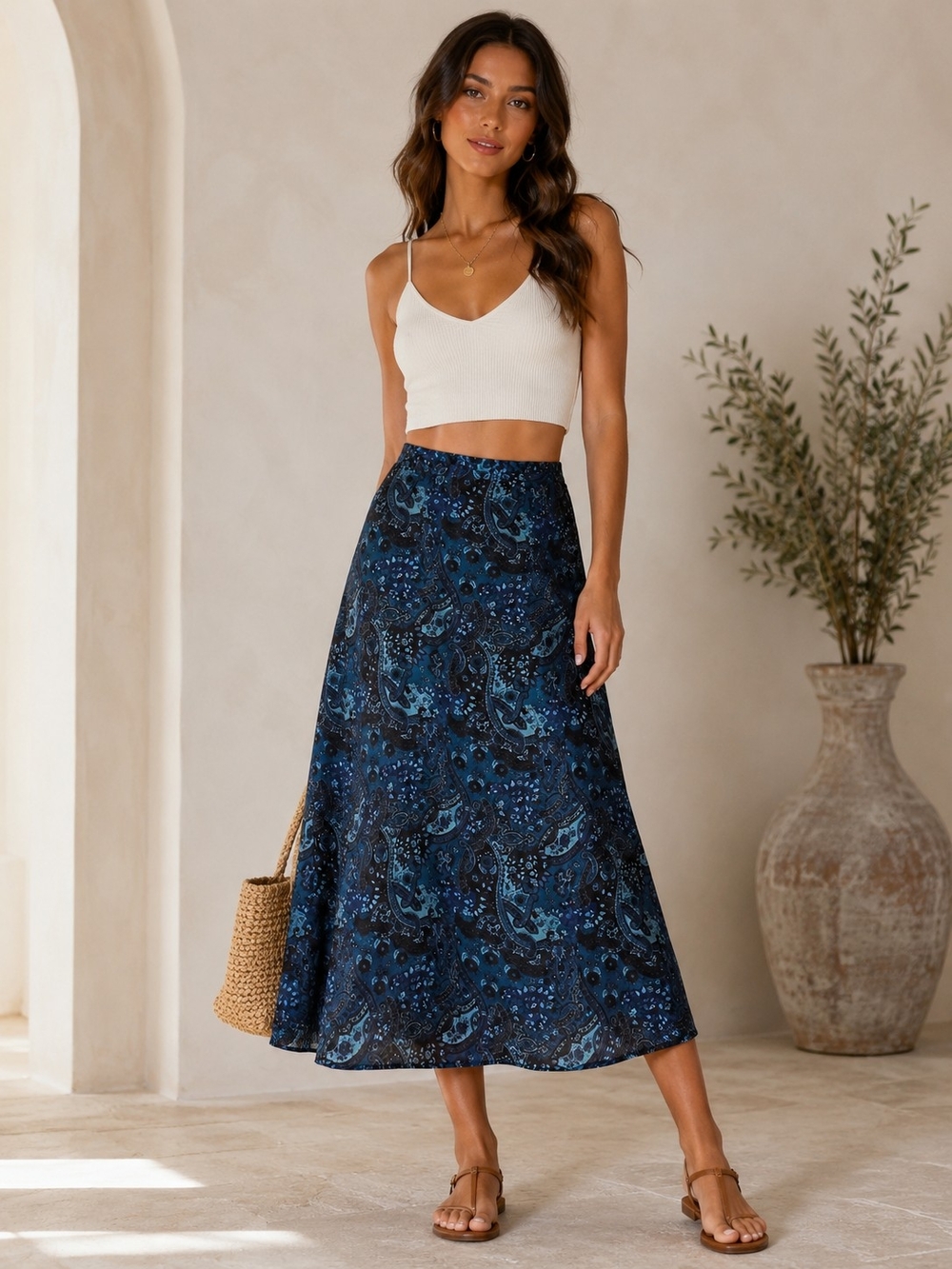A-line Midi Skirt Sz S Teal/Black Paisley